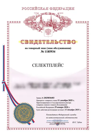 Свидетельство Роспатента №1185934 на товарный знак СЕЛЕКТПЛЕЙС